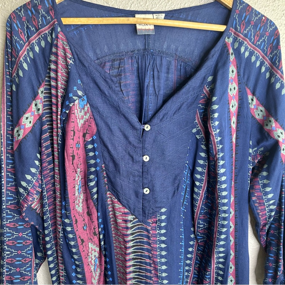 Roxy Navy Print Tunic Boho 3/4 Quarter Button Dress - Picture 4 of 10
